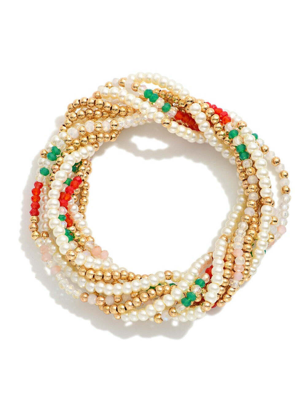 Christmas Stretch Bracelet Set Gold Pearl Red Green Beaded Stack of 9